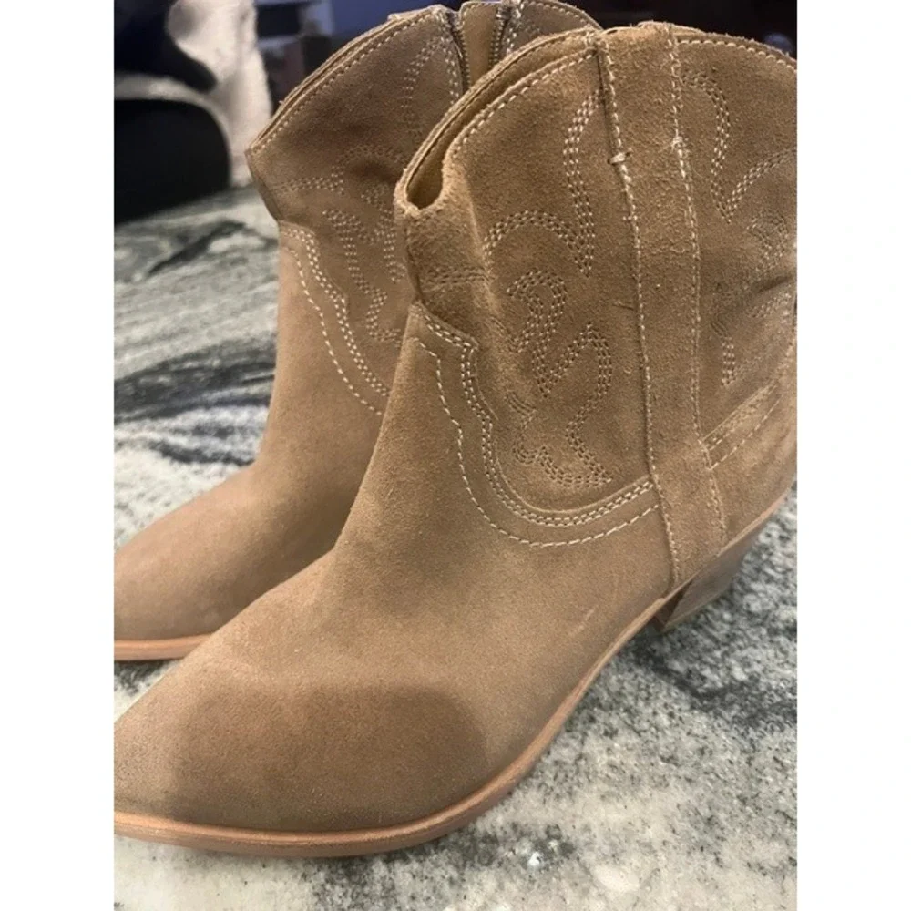 Dolce Vita Ankle Boots Womens Taupe Suede Good Western Pointed Toe Zipper